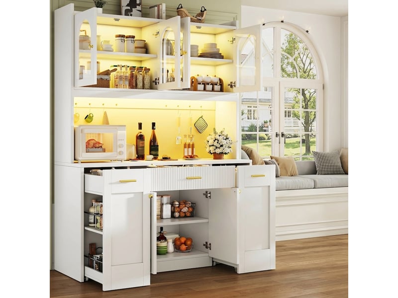  Buffet de cuisine haut blanc 120 cm avec led rgb et 3 vitrines en verre  - Conforama D