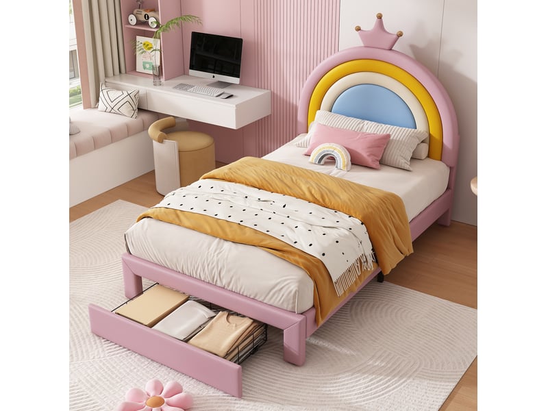 Lit simple enfant 90x200 cm rose pu, tête de lit réglable, tiroir au pied, sommier à lattes inclus - Conforama D