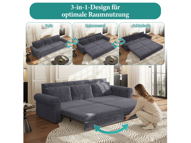  Canapé-lit 3 places 238x90x98 cm 3-en-1 avec coussin de dossier réglable, pour salon, en mousse et velours côtelé, gris  - Conforama D