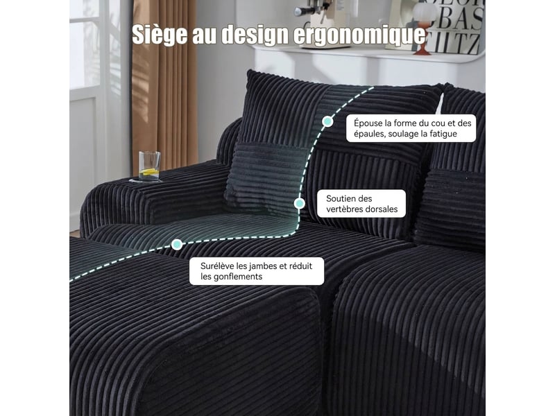 Canapé modulaire 3 places en velours côtelé avec repose-pieds 268 x 174 x 80 cm porte-gobelet - Conforama R