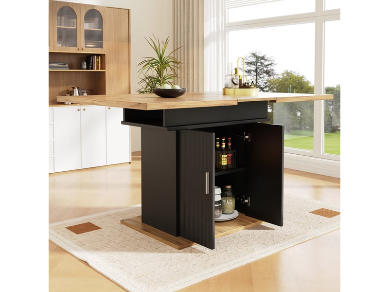  Table à manger rectangulaire extensible 110-140 x 70 cm avec rangement 3 niveaux, façade ondulée, étagères réglables, naturel et noir, moderne  - Conforama C