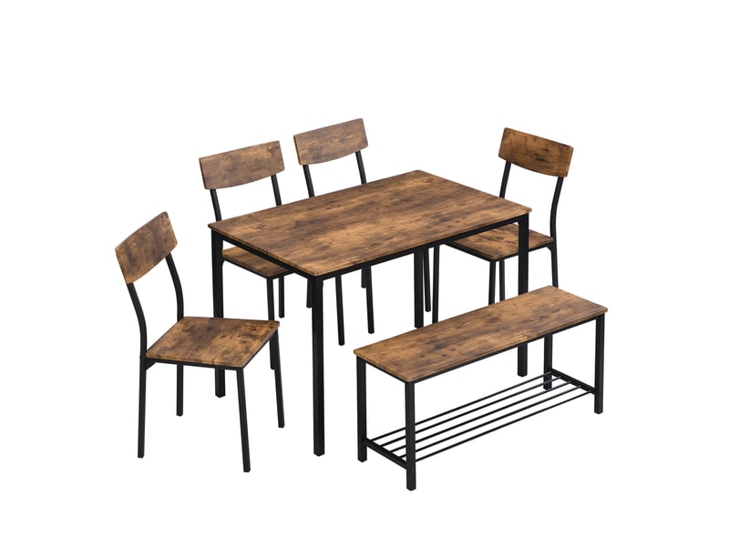  Ensemble table et chaises industriel 6 places marron avec banc et structure en métal pour repas conviviaux  - Conforama A