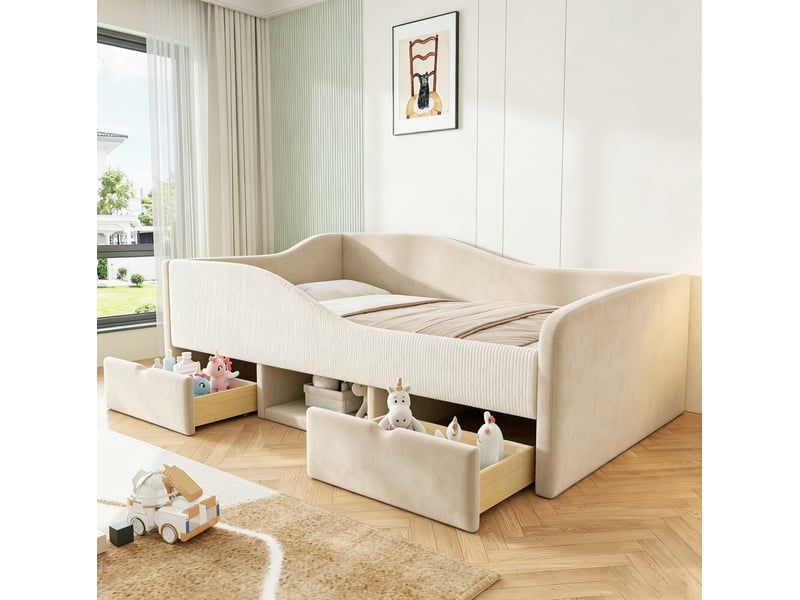 Lit pour enfants 90x190 cm multifonction avec deux tiroirs et garde-corps - housse en velours beige - Conforama B