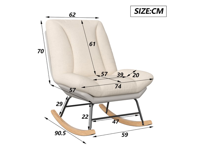  Fauteuil à bascule - 59 x 90,5 x 70 cm - beige et gris - dossier inclinable 5 positions avec tissu lin et similicuir  - Conforama B