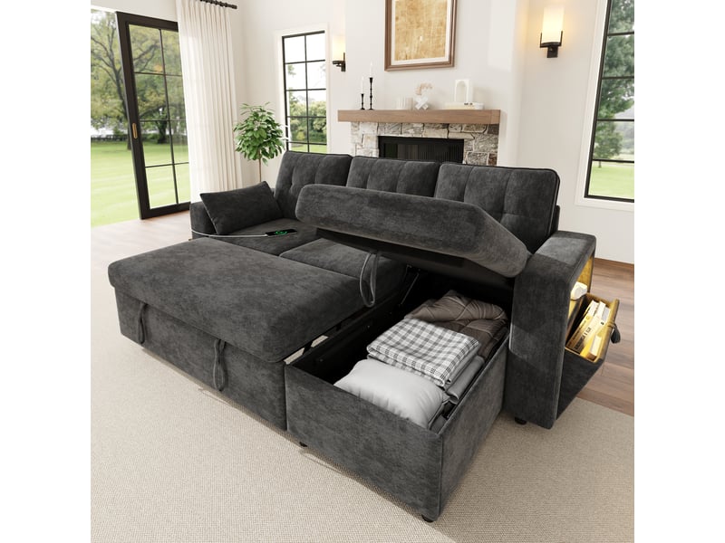 Canapé d'angle modulable - forme l - convertible - rangements intégrés - éclairage led - usb et type-c - tissu chenille - gris CozyNest - Conforama C