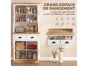 Buffet haut cuisine, armoire cuisine, 4 portes dont 2 en verre, 2 tiroirs, étagères réglables, plan de travail, blanc