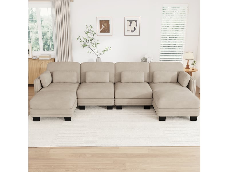 Canapé d'angle modulable en u 4 places 330x143x88 cm chenille café clair - Conforama B
