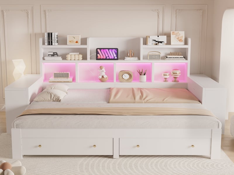  Canapé-lit extensible en bois, 90 × 200 cm, avec compartiments, étagères et tiroirs, prise électrique et éclairage led, blanc  - Conforama B