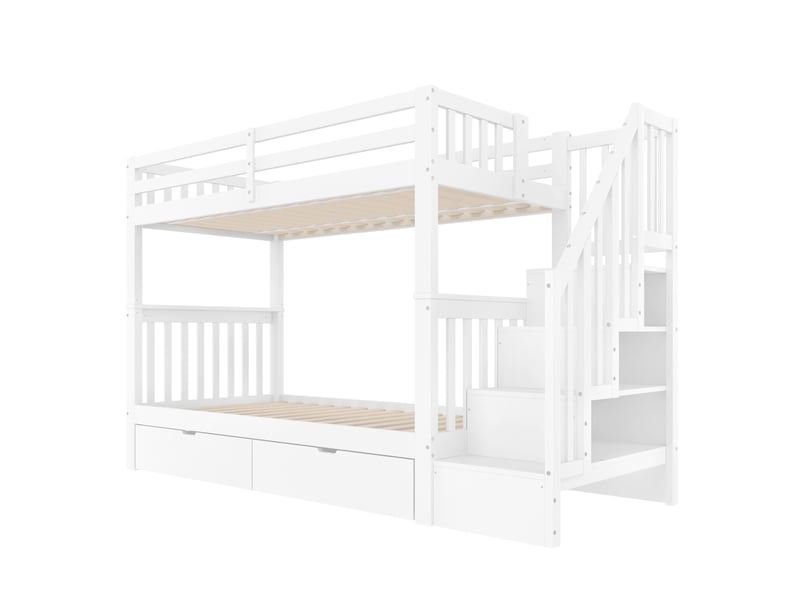 Lit superposé 90x200 cm bois blanc avec escalier, étagères et tiroirs – barrières de sécurité - Conforama A