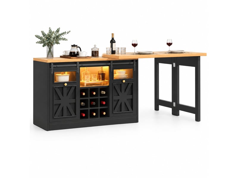  Buffet de cuisine avec table extensible, 2 plateaux pivotants à 360° et éclairage led, 120-197×40×72 cm noir  - Conforama A