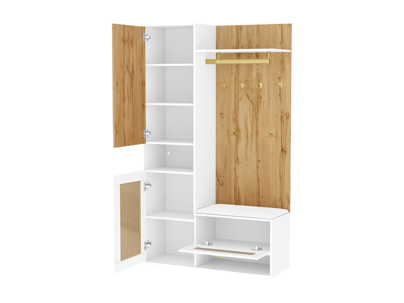  Ensemble d’entrée avec miroir, 6 patères dorées, meuble à chaussures, banc et led 16 couleurs  - Conforama D