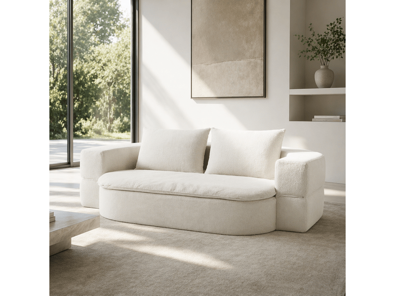  Chauffeuse convertible 2 places 130x200 cm, sans cadre rigide, mousse haute densité, 2 coussins, couverture 2-en-1, blanc cassé Morn Vibe - Conforama B