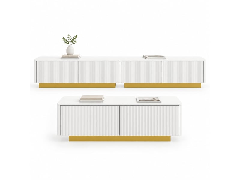 Meuble tv et table basse avec rangements, façades rainurées et socles dorés, pour salon moderne, blanc - Conforama A