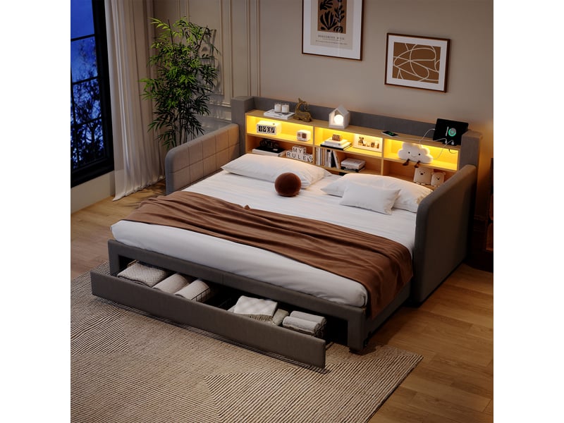  Canapé-lit 90 x 200 cm - avec lit gigogne - avec éclairage led - avec 2 tiroirs - tissu velours - gris (matelas non inclus)  - Conforama B