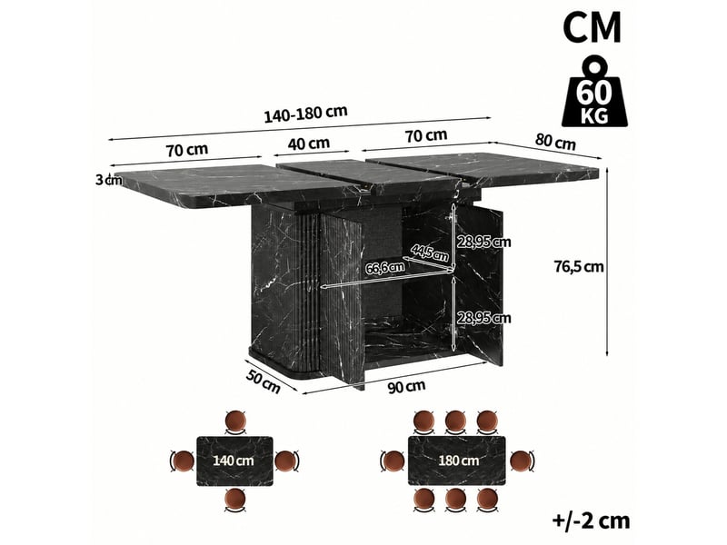  Table à manger extensible 140-180 cm effet marbre noir avec rangement caché et façade rainurée  - Conforama C