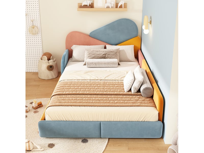  Lit simple enfant 140x200 cm, design moderne, protection latérale surélevée anti-chute, bois, multicolore, sans matelas  - Conforama D