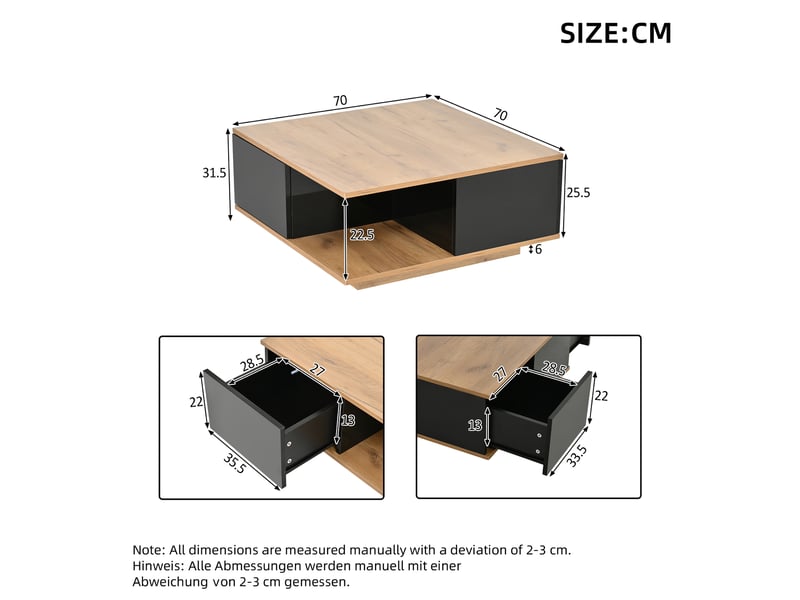 Table basse carrée 70x70 noir et bois, table de salon avec 3 tiroirs et rangement semi-ouvert, finition brillante - Conforama C