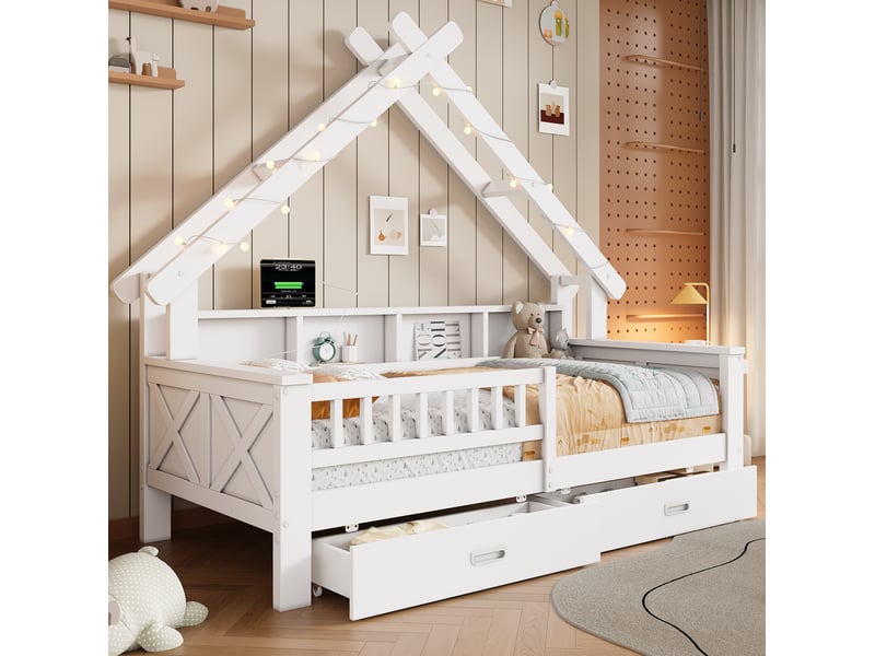  Lit enfant cabane 90 x 200 cm blanc en bois et mdf, led, 2 tiroirs et rangements avec barrière de sécurité  - Conforama B