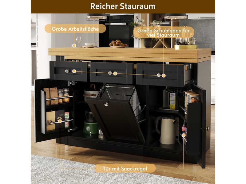  Table de bar extensible, îlot de cuisine avec rangement, table pliante, tiroir, support poubelle coulissant, mdf, noir Bubbly - Conforama E