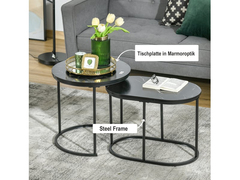  Lot de 2 tables basses rondes et ovales noires en acier et mdf, effet marbre  - Conforama D