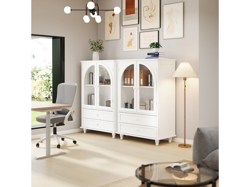  Buffet haut 71x38x106,5 cm avec 2 portes en verre trempé et 2 tiroirs en mdf couleur blanc, design simple  - Conforama E