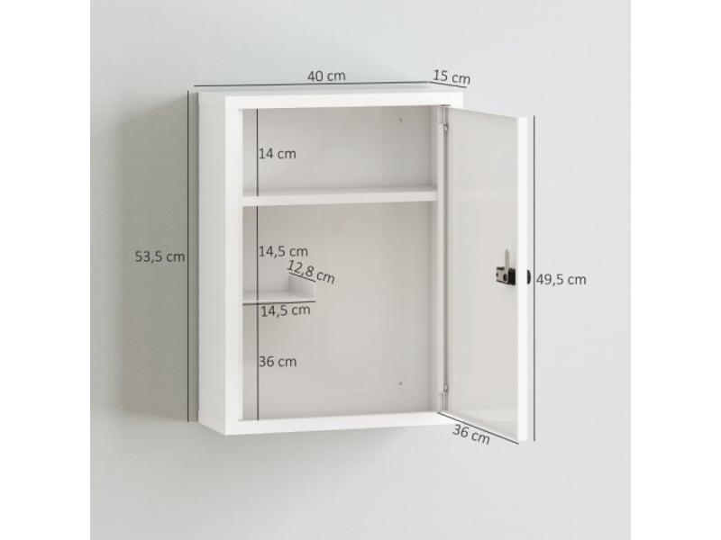  Armoire à pharmacie murale blanche avec serrure à code, porte et compartiments de rangement pour salle de bain  - Conforama D