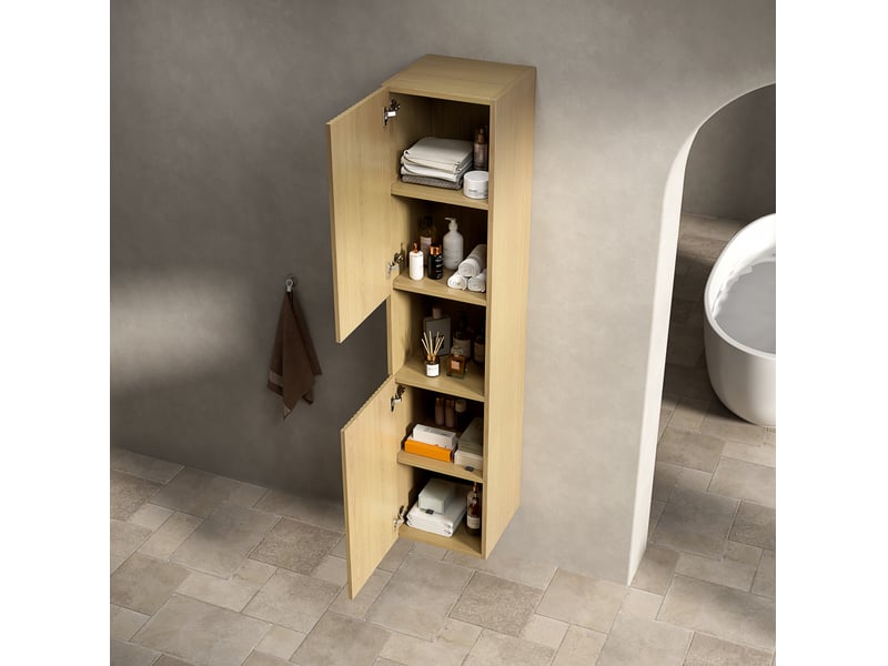  Armoire de salle de bain haute 2 portes et 1 niche ouverte avec étagères réglables pour salle de bain en bois doré  - Conforama D