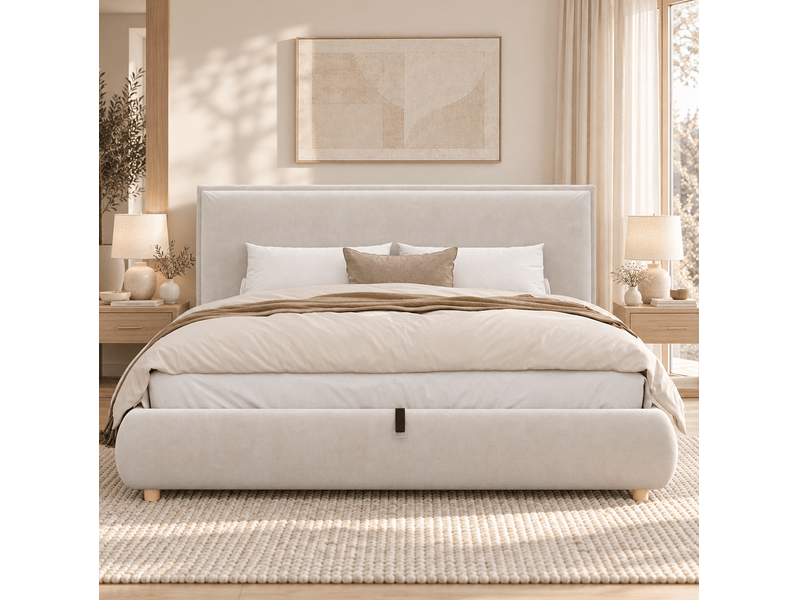  Lit coffre, lit adulte 2 places 160x200 cm hydraulique avec rangement et tête de lit, couleur crème, sans matelas  - Conforama D