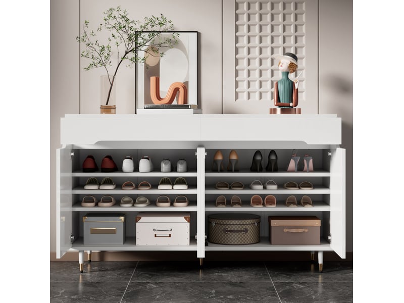  Meuble à chaussures 140x39x84 cm, 2 portes, 2 tiroirs, étagères réglables, panneaux de particules, blanc, pieds dorés  - Conforama D