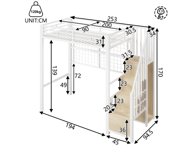  Modenvie lit mezzanine 90x200 cm - avec armoire echelle, eclairage led 7 couleurs, sans matelas - blanc  - Conforama C