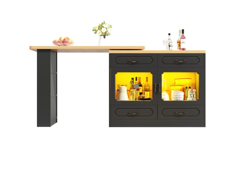  Table de bar extensible 135-203 cm avec rangement, led, rotation 360°, noir naturel  - Conforama A