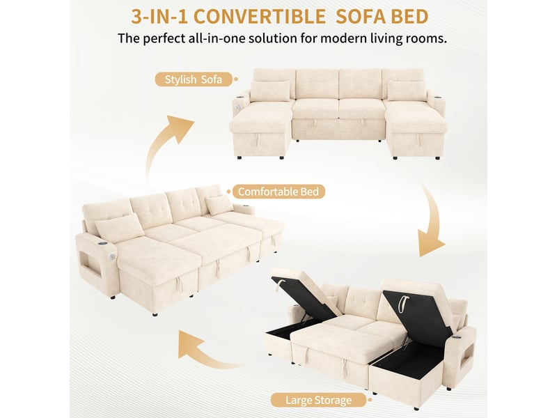 Canapé d'angle panoramique convertible 4 places tissu beige led coffre de rangement canapé d'angle beige - Conforama E