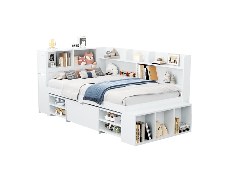  Lit enfant 90x200 cm, espace de rangement, tiroir, étagère, sommier, contre-plaqué blanc, sans matelas  - Conforama A
