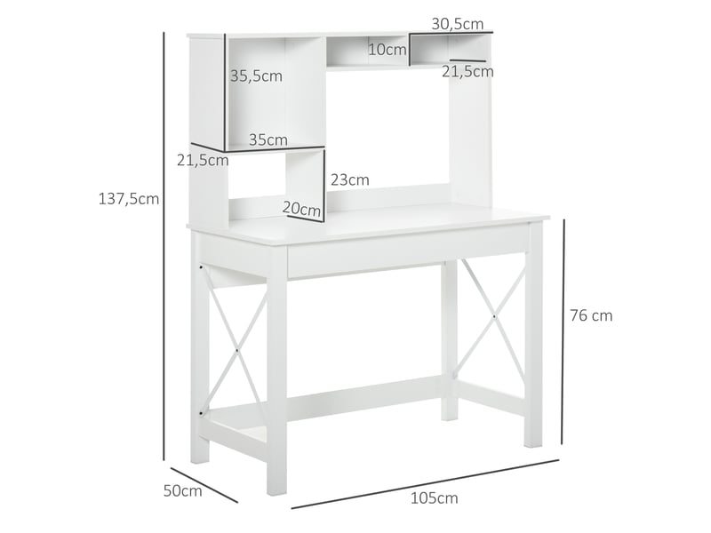  Bureau avec rangement bureau bibliothèque en bois moderne avec étagères et grand plateau pour petits espaces maison chambre à coucher, blanc, 105 x 50 x 137,5 cm  - Conforama C