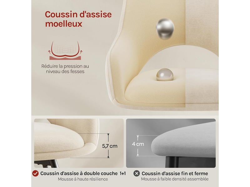  Lot de 6 chaise pivotante salle à manger, fauteuil en chenille, pieds métalliques, dossier creusé, beige  - Conforama C