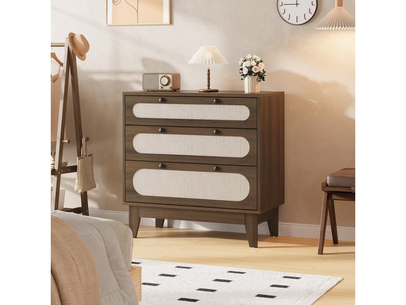  Commode  en rotin à 3 tiroirs - meuble de rangement bois foncé avec kit anti-basculement - coffre d'appoint pour chambre，marron PHO_33T8B9WR - Conforama B