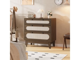 Commode  en rotin à 3 tiroirs - meuble de rangement bois foncé avec kit anti-basculement - coffre d'appoint pour chambre，marron