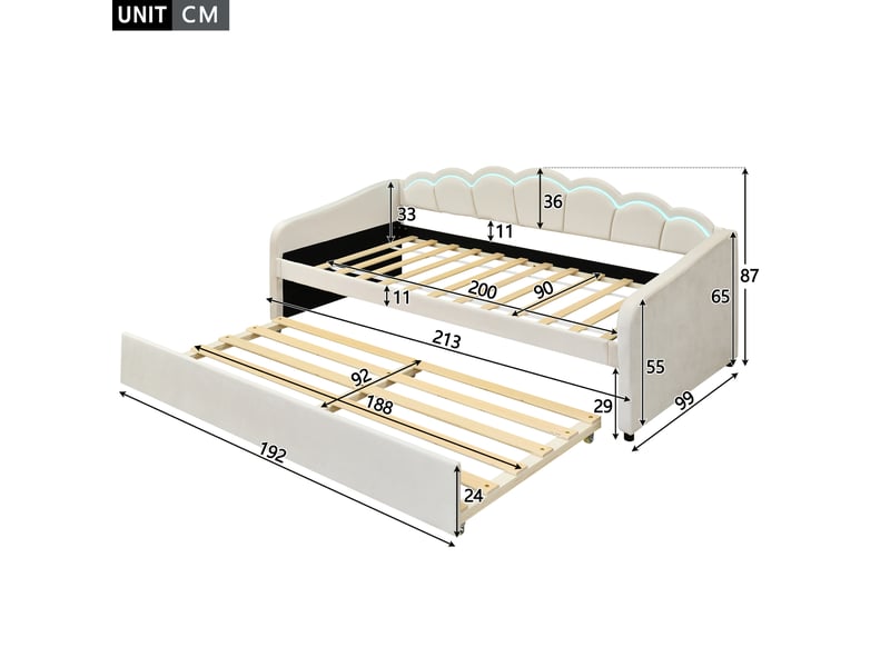 Lit gigogne 90x200cm avec lit extensible, éclairage led multicolore, design ondulé, velours, beige, sans matelas - Conforama D