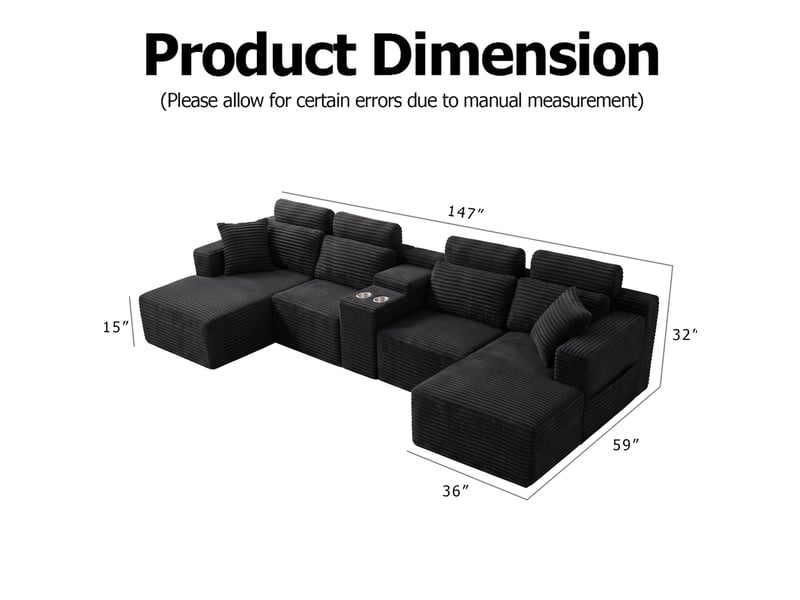  Canapé d'angle modulaire en u 373x151x81 cm compressé avec porte-gobelets, pour salon, mousse, velours côtelé, noir  - Conforama C