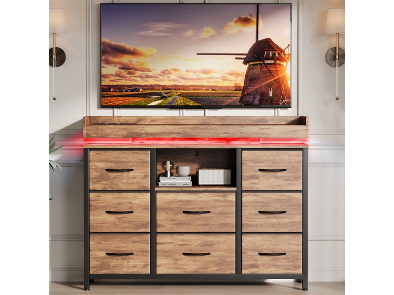  Commode avec 8 tiroirs en tissu,armoire avec led et station de recharge,cadre en métal,100x30x82cm,marron,style moderne  - Conforama D