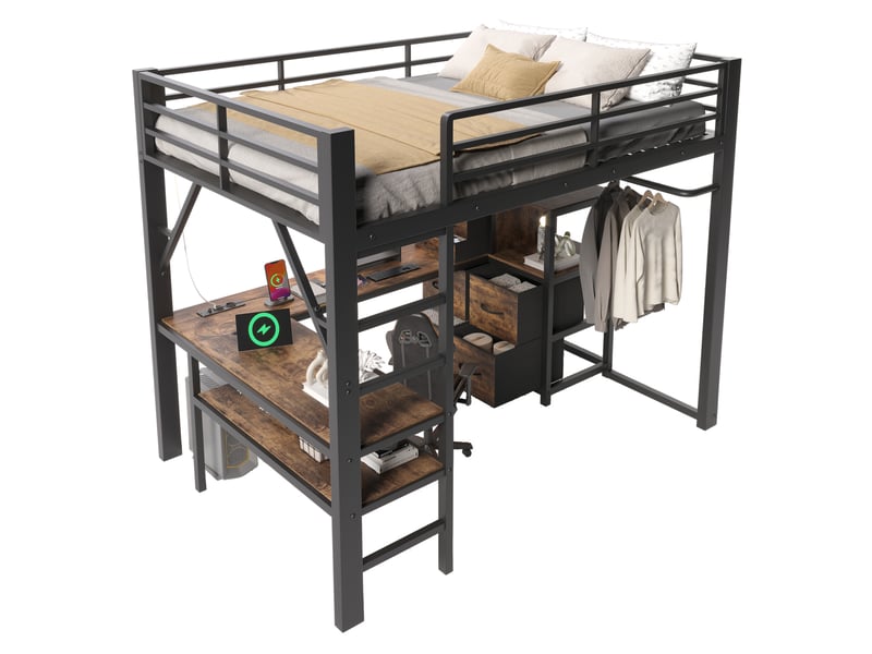  Lit mezzanine enfant 140x200 cm noirbrun avec bureau d’angle, 7 tiroirs, led, usb-c et penderie Fay Lum - Conforama A