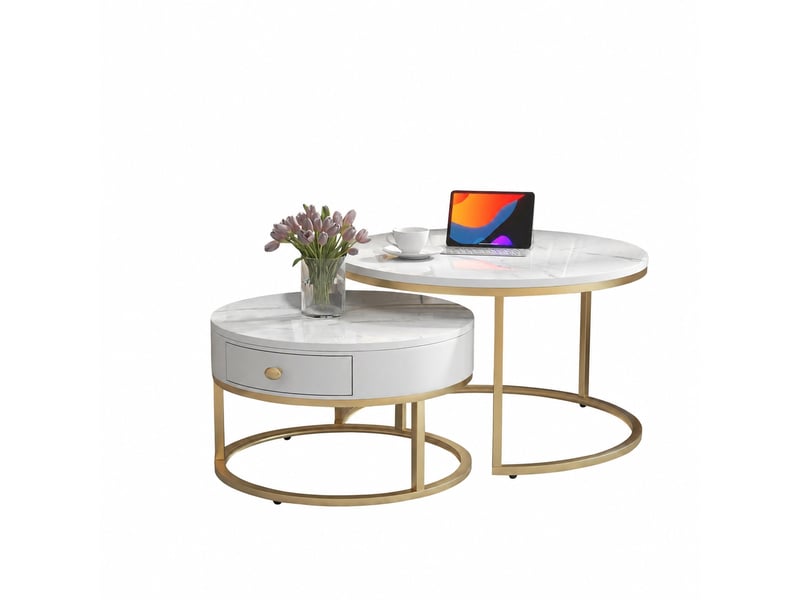  Lot de 2 tables basses rondes gigognes, effet marbre, structure métal doré, blanc brillant  - Conforama A