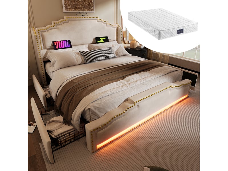  Modenvie lit double avec rangement 140x200 cm - 4 tiroirs, led et ports usb-c, matelas inclus - beige  - Conforama B
