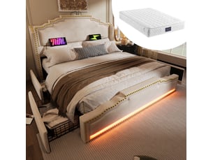 Lit avec rangement 140x200 cm <strong>MODENVIE</strong>  <strong></strong> coloris beige