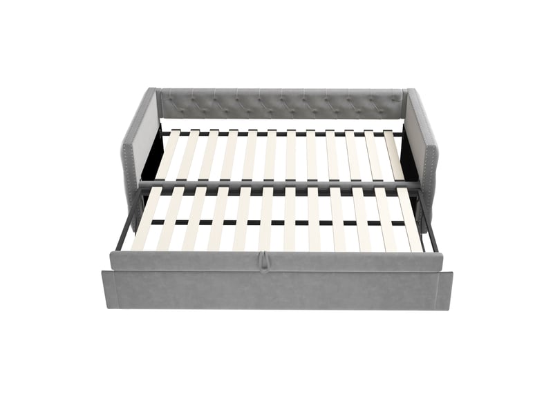 Lit gigogne enfant 90x200 cm avec sommier - lit simple forme classique avec boutons - velours - gris clair (sans matelas)  - Conforama F