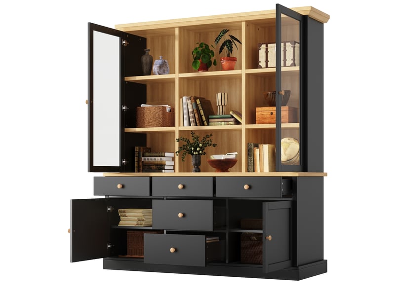 Buffet haut avec portes vitrées et 5 tiroirs, 140x40x185 cm, noir - Conforama A