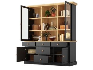 Buffet haut avec portes vitrées et 5 tiroirs, 140x40x185 cm, noir