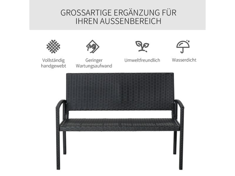 Banc de jardin 2 places en polyrotin noir, cadre acier, 122x60x87 cm, terrasse et jardin - Conforama D