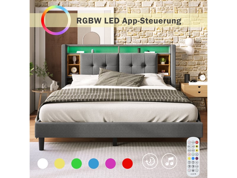  Lit capitonné 140*200cm avec rangement de tête, ports usb, éclairage led et lattes, gris, sans matelas  - Conforama E
