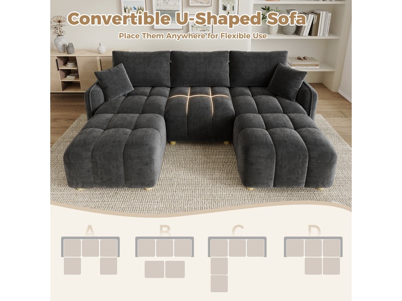 Canapé d’angle modulable 5 places 219x136x84 cm, lu convertible, 2 poufs, coussins inclus, tissu chenille, accoudoirs larges, gris Sol Morn - Conforama E